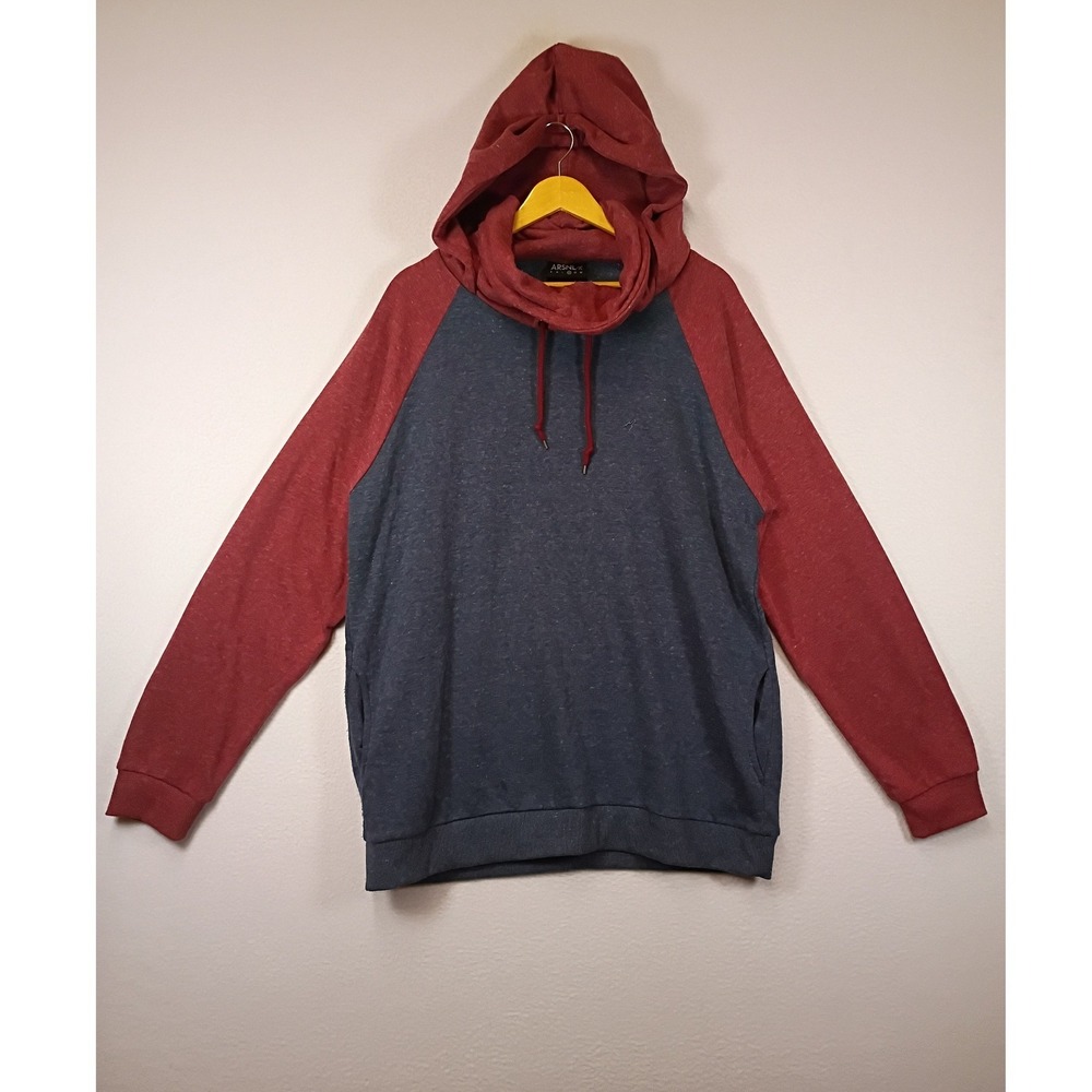 Streetwear ARSNL Mens XL Blue Red Raglan Cowl Neck Toggle Hoodie Sweatshirt